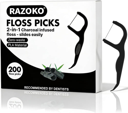 Eco-Friendly Charcoal Dental Floss Picks - 200 Count Vegan Toothpicks for Effective Teeth Cleaning