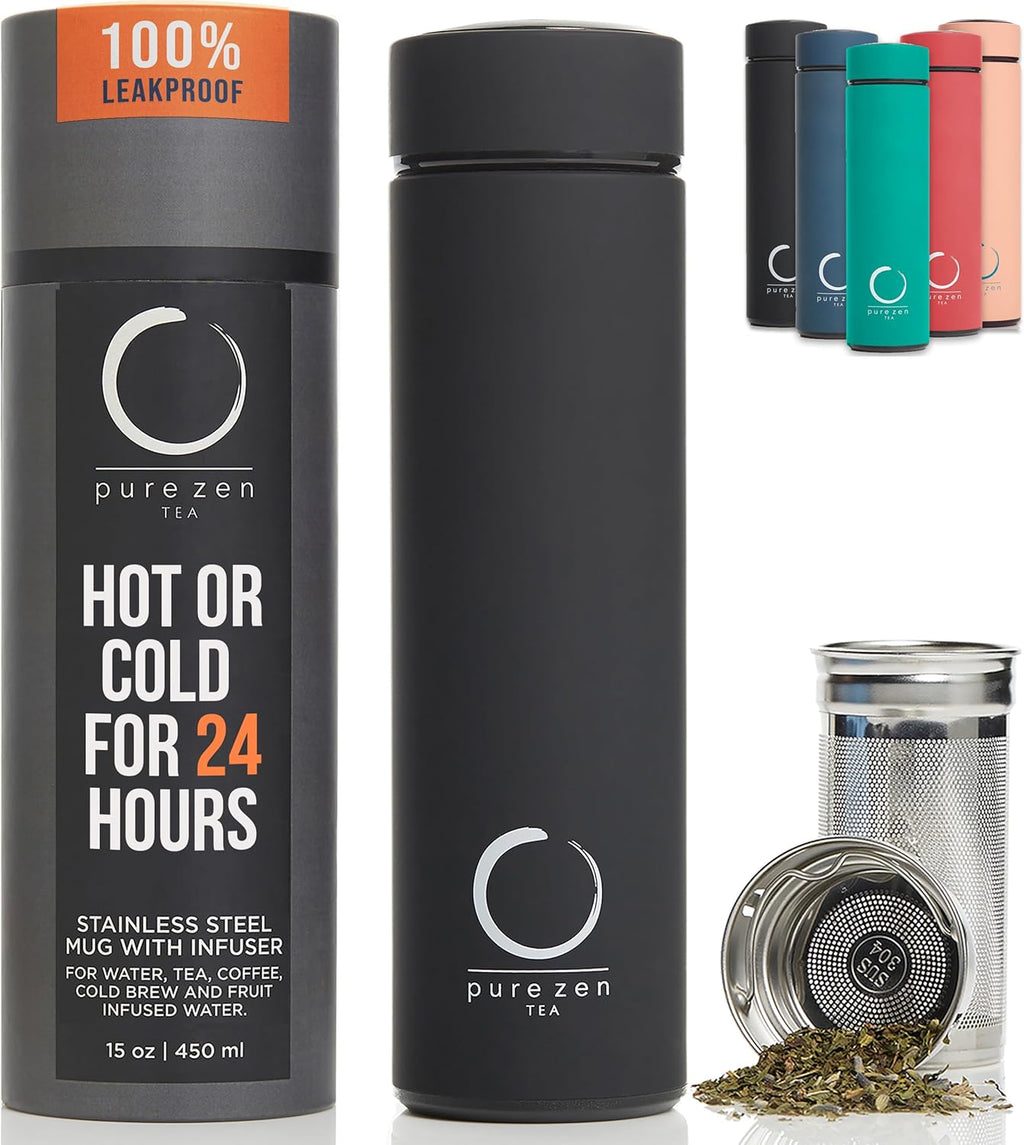 Elevate Your Beverage Experience with the Pure Zen 15oz Stainless Steel Tea Thermos - Stylish, Leakproof Travel Mug for Hot & Cold Drinks