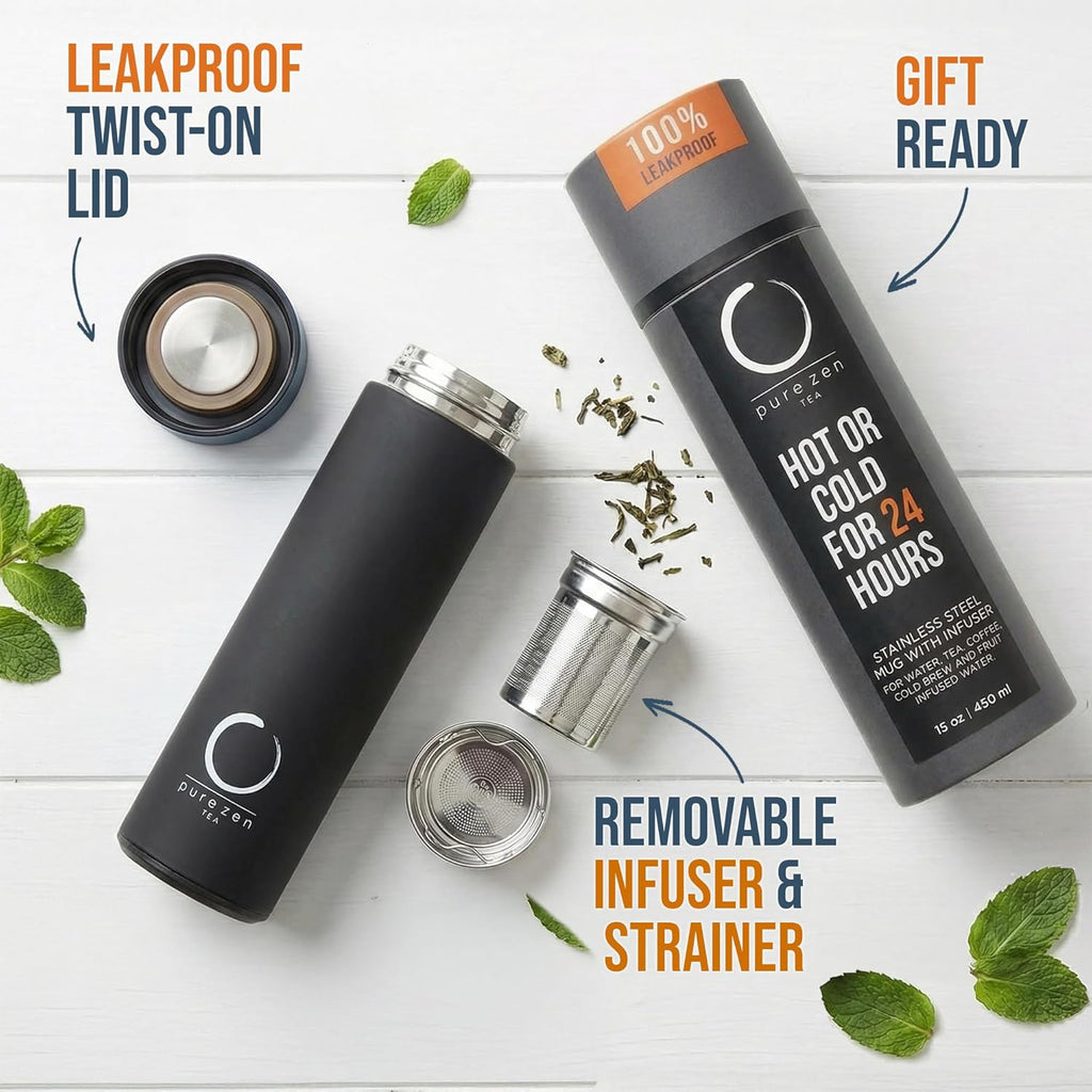 Elevate Your Beverage Experience with the Pure Zen 15oz Stainless Steel Tea Thermos - Stylish, Leakproof Travel Mug for Hot & Cold Drinks