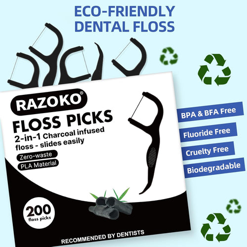 Eco-Friendly Charcoal Dental Floss Picks - 200 Count Vegan Toothpicks for Effective Teeth Cleaning