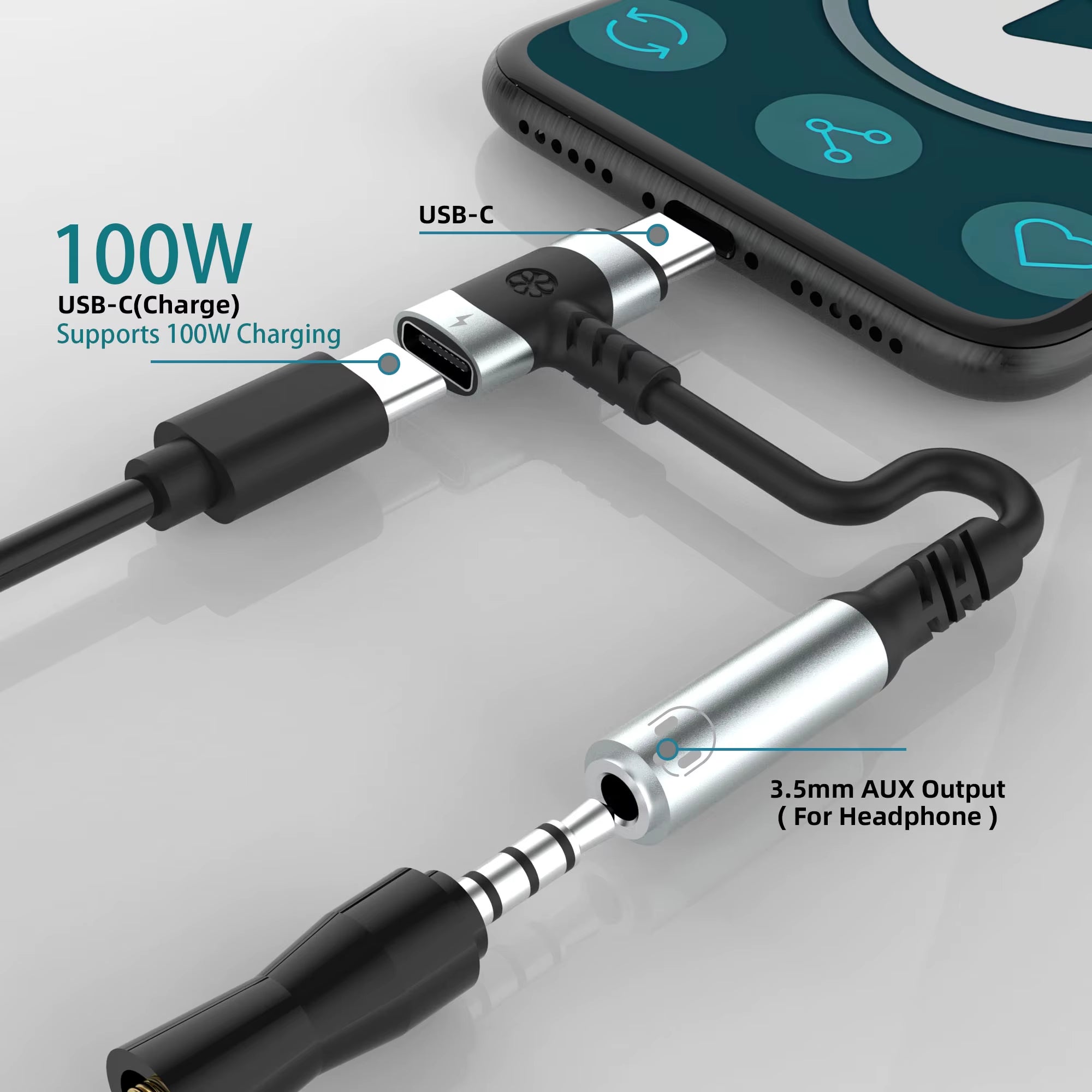 USB C to 3.5Mm Earphones and Charger Adapter 2-In-1 C-Type to Aux Microphone Jack, with PD 100W Fast Charging Encryption Dongle.