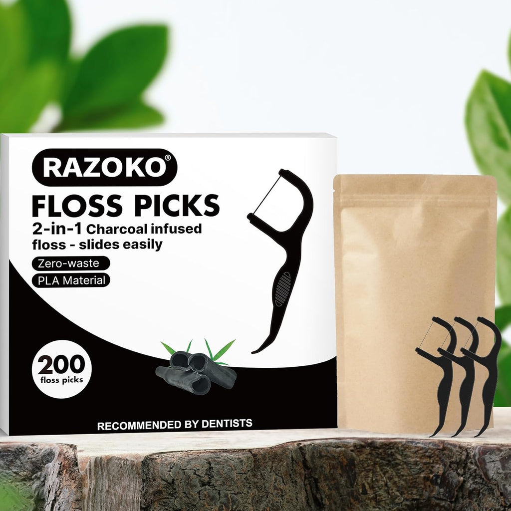 Eco-Friendly Charcoal Dental Floss Picks - 200 Count Vegan Toothpicks for Effective Teeth Cleaning